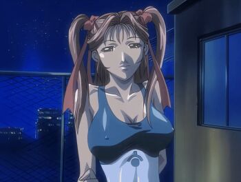 00s 1girl 2004 animated animated_gif bare_shoulders bible_black bible_black_new_testament bouncing_breasts breasts brown_hair cleavage collarbone covered_erect_nipples hair_ribbon large_breasts lips long_hair looking_at_viewer naughty_face night night_sky one-piece_swimsuit ribbon seductive_smile shin_bible_black shiny_skin sky smile solo source_request swimsuit tagme tan toudou_yuki twintails upper_body very_long_hair walking