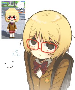 1girl :< black_eyes blazer blonde_hair blush bow bowtie brown_jacket cola_(kibyland) collared_shirt commentary diagonal-striped_bow diagonal-striped_bowtie diagonal-striped_clothes doodle_inset fervency flying_sweatdrops from_above glasses hair_between_eyes highres jacket looking_at_viewer mii_(nintendo) nintendo original rectangular_eyewear red-framed_eyewear red_bow red_bowtie reference_sheet school_uniform shirt short_hair simple_background single_tear solo striped_bow striped_bowtie striped_clothes tareme tomodachi_life tomodachi_life:_living_the_dream upper_body white_background white_shirt