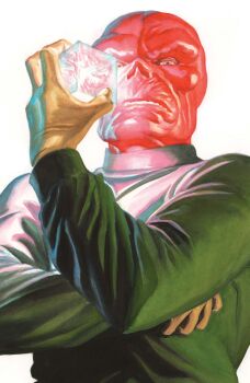 1boy absurdres alex_ross arm_under_pectorals bodysuit captain_america_(series) colored_skin comic_cover cover cover_page gloves green_eyes green_shirt highres holding_cube looking_at_viewer male_focus marvel official_art realistic red_skin red_skull shirt solo teeth tesseract upper_body western_comics_(style) white_background yellow_gloves