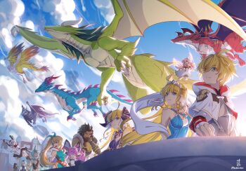 Rule 34 | 4boys, 6+girls, ahoge, alex (dragalia lost), animal ear fluff, animal ears, black hair, black hood, blue dress, blue eyes, blue hair, breasts, brunhilda (dragalia lost), castle, chelle (dragalia lost), cleo (dragalia lost), closed eyes, closed mouth, cloud, cloudy sky, commentary, dark-skinned male, dark skin, dragalia lost, dragon, dragon horns, dragon tail, dragon wings, dress, elisanne, english commentary, euden, fairy, fairy wings, fake horns, green eyes, grey hair, hair between eyes, hand fan, highres, holding, holding fan, hood, hood up, horns, isukouhai, jupiter (dragalia lost), laughing, laxi (dragalia lost), long hair, looking to the side, looking up, luca (dragalia lost), mascula (dragalia lost), mercury (dragalia lost), midgardsormr (dragalia lost), multiple boys, multiple girls, notte (dragalia lost), open mouth, pink hair, purple dress, purple eyes, rabbit boy, rabbit ears, rabbit girl, ranzal (dragalia lost), short hair, side ponytail, sky, sleeveless, sleeveless dress, smile, tail, tiara, twintails, very long hair, white dress, wings, zena (dragalia lost), zethia, zodiark (dragalia lost)