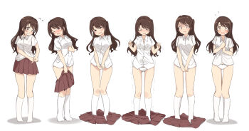 1girl averting_eyes breasts brown_hair brown_skirt commentary_request covering_crotch covering_privates embarrassed full_body idolmaster idolmaster_cinderella_girls kneehighs kuwahara looking_at_viewer medium_breasts one_side_up panties pleated_skirt school_uniform sequential shimamura_uzuki shirt skirt socks solo trembling underwear undressing white_panties white_shirt white_socks