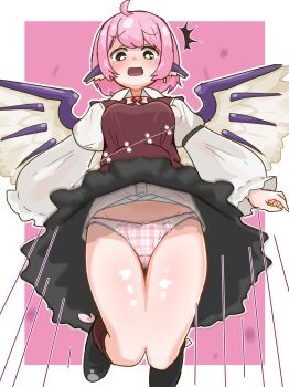 1girl :o ^^^ ahoge be_yu bird_girl bird_wings black_shoes black_skirt blush border breasts brown_socks brown_vest commentary crotch_seam frilled_sleeves frills groin highres jumping long_sleeves looking_at_viewer mystia_lorelei nose_blush outline panties pantyshot pink_background pink_hair pink_panties plaid_clothes plaid_panties shirt shoes short_hair skirt small_breasts socks solo stomach tears thighs touhou underwear upskirt vest white_border white_outline white_shirt wind wind_lift wing_ears wings