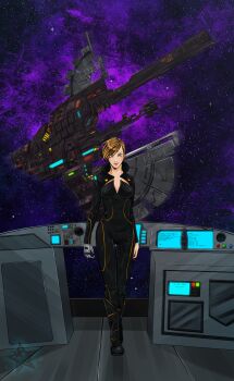 1girl advanced_ship_(eve_online) artist_name asymmetrical_bangs asymmetrical_hair battleship_(eve_online) black_bodysuit blonde_hair bodysuit boundless_creation_(eve_online) breasts brown_hair closed_mouth commentary commission cyborg damillia_seraph display elyonblackstar eve_online face_piercing glowing highres large_breasts lip_piercing lip_ring lips looking_at_viewer marauder_(eve_online) mechanical_hands military_vehicle minmatar_republic_(eve_online) monitor multicolored_hair piercing prosthesis prosthetic_hand purple_background science_fiction short_hair single_mechanical_hand sky smile solo space spacecraft standing star_(sky) starry_sky starry_sky_background tech_2_ship_(eve_online) thigh_gap two-tone_hair v-shaped_eyebrows vargur_(eve_online)
