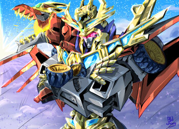 artist_name chinese_commentary cloud crossed_arms gridknight_(ssss.gridman) gridman_universe highres kaiser_gridknight lchengj mecha no_humans robot science_fiction shoulder_cannon sky solo sparkle ssss.dynazenon super_robot upper_body v-fin visor