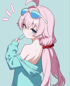 1girl ahoge animated bare_back bare_shoulders blue_archive blue_eyes blue_jacket braid food hair_flaps hair_ornament heterochromia highres hoshino_(blue_archive) hoshino_(swimsuit)_(blue_archive) jacket loli long_hair looking_at_viewer open_mouth orange_eyes pink_hair popsicle saho_4545 simple_background sunglasses tagme tongue tongue_out ugoira video