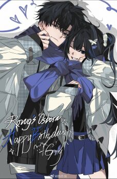 1boy black_hair blue_skirt blush chinese_commentary commentary_request copyright_name gutaiyou highres jacket long_sleeves multiple_boys open_mouth scarf school_uniform short_hair skirt smile