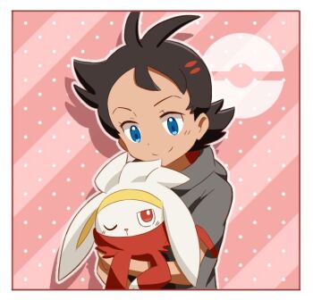 1boy antenna_hair antennea_hair blue_eyes blush border brown_hair closed_mouth commentary_request eyelashes gen_8_pokemon goh_(pokemon) haruhi_(xy161027z) holding holding_pokemon looking_down looking_up nintendo one_eye_closed poke_ball_symbol pokemon pokemon_(anime) pokemon_(creature) pokemon_journeys raboot short_sleeves smile