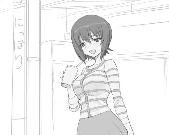 Rule 34 | 1girl, a1 (initial-g), blush, breasts, casual, commentary request, cup, disposable cup, girls und panzer, greyscale, hair between eyes, hand on own hip, holding, holding cup, large breasts, long skirt, long sleeves, looking at viewer, monochrome, nishizumi maho, open mouth, shirt, short hair, skirt, smile, solo, striped clothes, striped shirt