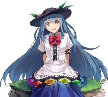 1girl apron black_hat blue_hair blue_skirt center_frills collared_shirt eho_(icbm) frilled_shirt_collar frills fruit_hat_ornament game_cg hat hat_ornament hinanawi_tenshi labyrinth_of_touhou_(series) labyrinth_of_touhou_tri leaf_hat_ornament long_hair non-web_source official_art open_mouth peach_hat_ornament puffy_short_sleeves puffy_sleeves rainbow_order red_eyes shirt short_sleeves sitting skirt smile solo touhou transparent_background very_long_hair waist_apron white_apron white_shirt
