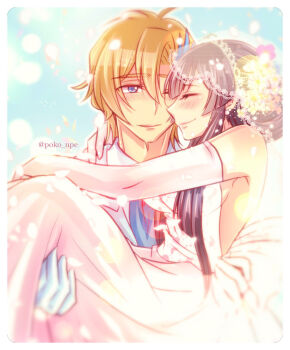 1boy 1girl ash_phoenix black_hair blue_eyes blue_hair blush bride brown_hair carrying closed_eyes code_geass code_geass:_dakkan_no_roze couple dress earrings formal_clothes gloves hetero jewelry multicolored_hair princess_carry suit sumeragi_sakuya user_usjh8428 wedding white_dress white_gloves white_suit