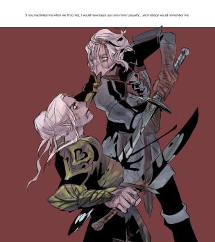 Rule 34 | 2girls, armor, baldur's gate, baldur's gate 3, black blood, blood, blood on face, breastplate, colored skin, covering another's mouth, dark elf, dungeons & dragons, elf, english text, eye contact, hair bun, hand on another's face, highres, holding, holding sword, holding weapon, impaled, j jsh, looking at another, minthara, multiple girls, murder, pauldrons, pointy ears, purple skin, red background, red eyes, shoulder armor, simple background, single hair bun, source quote, stab, standing, stylized blood, sword, tav (baldur's gate), two-handed, vambraces, weapon, white eyes, white hair, wide-eyed