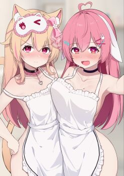 2girls :d ahoge alternate_costume angry animal_ear_fluff animal_ears apron asymmetrical_docking atsuishio black_choker blonde_hair blush bow breast_press breasts cat_ears cat_mask cat_tail chiram_(vtuber) choker collarbone commentary commentary_request dress drooling female_pervert floppy_ears frilled_choker frills gradient_hair hair_bow hair_flaps hair_ornament hairclip hand_on_own_hip hand_up heart heart-shaped_pupils heart_ahoge heart_pendant highres large_breasts long_hair looking_at_viewer lop_rabbit_ears maid mask mask_on_head mole mole_on_breast multicolored_hair multiple_girls naked_apron nose_blush open_mouth pendant_choker pervert pink_bow pink_eyes pink_hair pout providence_project rabbit_ears rabbit_hair_ornament reaching reaching_towards_viewer selfie shirako_(vtuber) sleep_mask small_breasts smile streaked_hair symbol-only_commentary symbol-shaped_pupils tail v-shaped_eyebrows virtual_youtuber white_apron x_hair_ornament yellow_tail