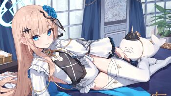 1girl blonde_hair blue_hair character_request commentary_request copyright_request flat_chest frilled_sleeves frills leotard long_hair long_sleeves looking_at_viewer navel see-through_clothes solo stomach suumon thighhighs very_long_hair white_leotard white_thighhighs