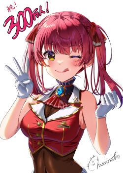1girl ;q arrow_through_heart ascot blue_gem blush breasts brooch buttons clenched_hand commentary_request cropped_jacket finger_counting frilled_shirt_collar frills gem gloves gold_buttons gold_trim hair_ribbon highres hololive houshou_marine houshou_marine_(1st_costume) jacket jewelry lapel_pin lapels leotard leotard_under_clothes looking_at_viewer medium_breasts momone_cco no_eyepatch notched_lapels one_eye_closed red_ascot red_hair red_jacket red_ribbon ribbon see-through_cleavage see-through_clothes see-through_leotard see-through_midriff signature simple_background sleeveless sleeveless_jacket solo tongue tongue_out twintails virtual_youtuber w_arms white_background white_gloves yellow_eyes