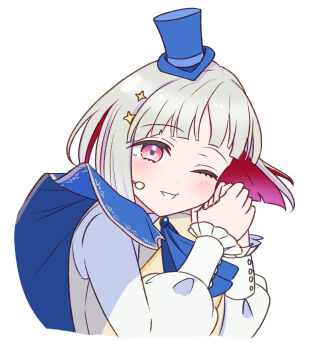 Rule 34 | 1girl, absurdres, ascot, blue ascot, blue hat, colored inner hair, commentary request, cropped torso, frilled sleeves, frills, grey hair, hana sakeba yume kakeru, hat, highres, jacket, long sleeves, looking at viewer, love live!, love live! hasu no sora jogakuin school idol club, love live! hasu no sora jogakuin school idol club bloom garden party, mini hat, multicolored hair, pink eyes, reason3 s, red hair, shirt, simple background, sleeveless, sleeveless jacket, solo, tilted headwear, upper body, virtual youtuber, white background, white shirt, yellow jacket, yugiri tsuzuri