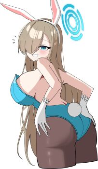 Rule 34 | 1girl, absurdres, animal ear hairband, animal ears, ass, asuna (blue archive), asuna (bunny) (blue archive), bare shoulders, blue archive, blue eyes, blue leotard, breasts, brown hair, brown pantyhose, commentary, erum 4066, fake animal ears, gloves, hair over one eye, hairband, highres, large breasts, leotard, long hair, official alternate costume, one eye covered, pantyhose, rabbit ear hairband, rabbit ears, simple background, smile, thighs, untranslatable commentary, white background, white gloves
