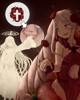 1girl absurdly_long_hair absurdres aged_down aiwass angel anna_sprengel arrow_(symbol) bare_legs big_hair black_leotard breasts cleavage clothing_cutout covering_crotch covering_privates dress dress_flower flat_chest flower frills glowing hair_flower hair_ornament halo hand_up highres leotard long_hair looking_at_another multicolored_leotard multiple_views nail_polish navel navel_cutout novel_illustration official_art open_mouth oversized_clothes pelvic_curtain pink_eyes pink_hair purple_eyes red_flower red_leotard red_nails red_rose rose rosenkreutz simple_background smile solo standing tatararashi toaru_majutsu_no_index toaru_majutsu_no_index:_new_testament very_long_hair waist_cape