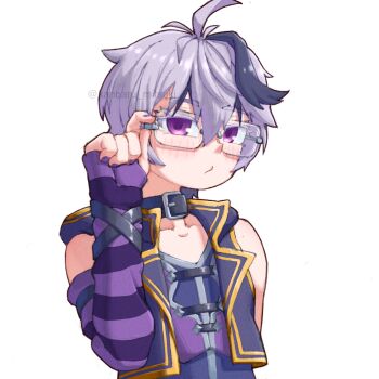 1girl adjusting_eyewear arm_warmers belt_collar bespectacled closed_mouth collar commentary_request flower_(vocaloid) flower_(vocaloid4) glasses hand_up highres kanbaru_mitsuki looking_at_viewer nail_polish open_clothes open_vest purple_arm_warmers purple_eyes purple_hair purple_nails purple_sleeves short_hair single_arm_warmer solo striped_sleeves twitter_username upper_body vest vocaloid watermark white_background
