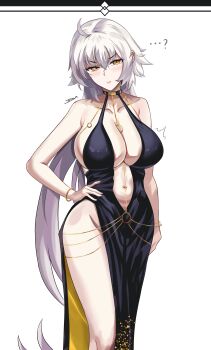 1girl absurdres ahoge bare_shoulders bb_(fate) bb_dubai_(fate) bb_dubai_(fate)_(cosplay) belly_chain black_dress blush bracelet breasts cleavage cosplay dress fate/grand_order fate_(series) grey_hair highres icbm100 jeanne_d'arc_alter_(fate) jewelry large_breasts long_hair looking_at_viewer necklace parted_lips plunging_neckline side_slit solo thighs very_long_hair yellow_eyes