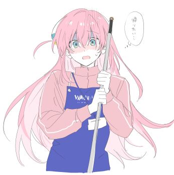 1girl absurdres blush bocchi_the_rock! flying_sweatdrops gotoh_hitori hair_ornament highres jacket kyokutsuki long_hair long_sleeves looking_at_viewer open_mouth pink_hair solo sportswear track_jacket upper_body village_vanguard white_background