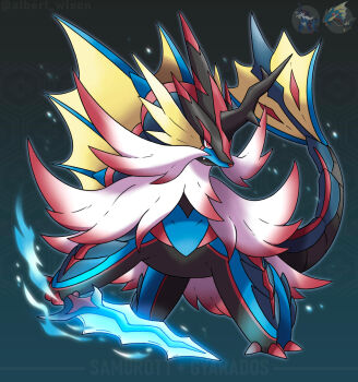 albrt-wlson animal_focus character_name closed_mouth commentary english_commentary fang full_body fusion gen_1_pokemon glowing glowing_sword glowing_weapon gyarados highres hisuian_samurott holding holding_sword holding_weapon instagram_username mega_gyarados mega_pokemon nintendo no_humans official_art_inset pokemon pokemon_(creature) pokemon_focus red_eyes reference_inset solo sword v-shaped_eyes weapon