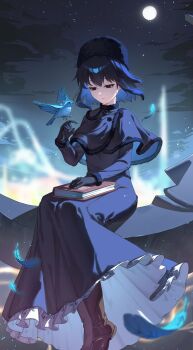 1girl absurdres bird black_boots black_capelet black_dress black_eyes black_gloves black_hair black_hat blue_bird blue_feathers blurry blurry_background blurry_foreground boots capelet dress enoharatoki falling_feathers feathers full_moon gloves hashtag-only_commentary hat highres kuonji_alice lost_robin_rondo mahou_tsukai_no_yoru midair moon night night_sky short_hair sky solo star_(sky)