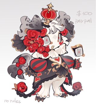 1other 90shugen :d adoptable animal_ears animal_feet animal_hands black_coat claws coat commentary crown english_commentary english_text flower full_body furry grey_eyes heart highres long_sleeves neck_ruff open_mouth original other_focus pawpads red_flower red_rose rose simple_background smile solo standing tail white_background white_fur