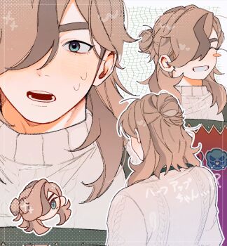 1boy ^_^ apron arven_(holiday_2025)_(pokemon) arven_(pokemon) blue_eyes blush_stickers cable_knit closed_eyes commentary_request grin hair_bun hair_over_one_eye highres ks_iili male_focus multicolored_hair multiple_views nervous_sweating nintendo one_eye_covered open_mouth parted_bangs pokemon pokemon_masters_ex scovillain single_hair_bun smile sparkle streaked_hair sweat sweater teeth translation_request white_sweater