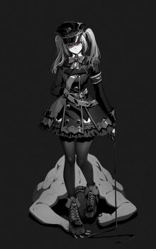 1boy 1girl armband belt boots bow bowtie buttons collared_shirt epaulettes femdom frills gloves hat high_heel_boots high_heels holding holding_whip lace-up_boots military_uniform monochrome ni3e2a1en1 original pantyhose peaked_cap pink_eyes shirt skull_print stepped_on twintails whip