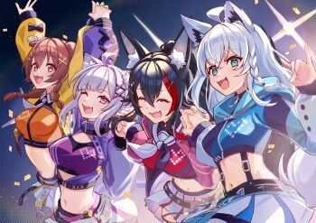 4girls absurdres ahoge animal_ear_fluff animal_ears aqua_eyes blue_jacket blush braid brown_eyes brown_hair cat_ears cat_girl closed_eyes commentary_request dog_ears dog_girl fox_ears fox_girl fox_shadow_puppet fox_tail highres holding_hands hololive inugami_korone jacket krn_udn long_sleeves midriff multiple_girls navel nekomata_okayu one_eye_closed ookami_mio open_mouth ponytail purple_eyes purple_hair purple_jacket red_hair sailor_collar shirakami_fubuki skirt smile stomach tail twin_braids white_hair white_sailor_collar white_skirt wolf_ears wolf_girl yellow_jacket
