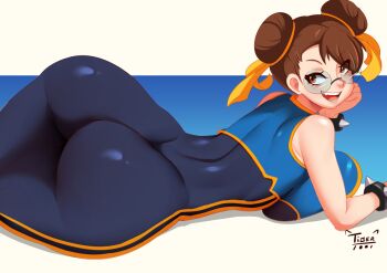 Rule 34 | 1girl, 2022, artist logo, artist name, asian, ass, ass focus, bodysuit, breasts, brown eyes, brown hair, capcom, chun-li, double bun, female focus, glasses, grin, hair bun, huge ass, huge breasts, large breasts, leggings, logo, looking at viewer, lying, narrow waist, naughty face, on stomach, open mouth, short hair, simple background, smile, solo, solo focus, street fighter, street fighter alpha, street fighter zero (series), thick thighs, thighs, tiger1001, tight clothes, wide hips