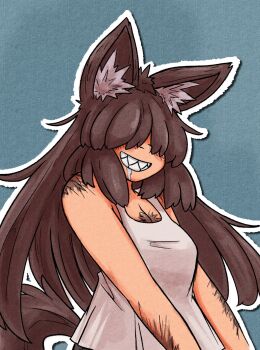 ahoge alternate_costume alternate_hair_length alternate_hairstyle animal_ear_fluff animal_ears arm_hair blue_background blush breasts brown_hair chest_hair commentary drooling english_commentary grin hair_over_eyes highres imaizumi_kagerou large_breasts long_bangs long_hair mcsquiddies outline paper_mario_(style) parted_bangs sharp_teeth smile tail tank_top teeth touhou upper_body white_outline white_tank_top wolf_ears wolf_girl wolf_tail