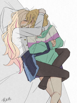 2girls anger_vein arms_around_neck arms_behind_back black_pantyhose black_skirt blonde_hair blue_skirt blush bound bound_wrists clenched_hand closed_eyes commentary_request ear_blush forced_kiss fujita_kotone gakuen_idolmaster hand_blush hand_on_another's_head haniwa_hayate highres idolmaster jacket juo_sena kiss leg_lock light_particles multicolored_hair multiple_girls on_bed pantyhose pillow pink_streaks skirt streaked_hair white_jacket yuri