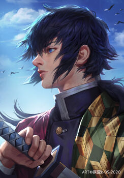 1boy bird black_hair blue_eyes closed_mouth cloud commentary_request drawing_sword fingernails gakuran holding holding_sword holding_weapon katana kdash kimetsu_no_yaiba long_hair looking_ahead male_focus ponytail school_uniform sheath sky solo sword tomioka_giyuu upper_body weapon