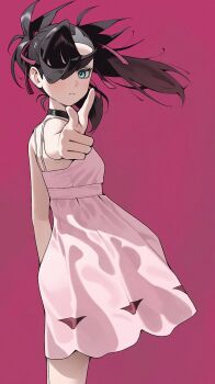 1girl 987645321o asymmetrical_bangs black_choker black_hair choker closed_mouth dress floating_hair from_side green_eyes hair_over_one_eye hair_ribbon highres looking_at_viewer marnie_(pokemon) nintendo outstretched_arm pink_dress pointing pointing_at_viewer pokemon pokemon_swsh red_background ribbon simple_background solo spaghetti_strap twintails undercut