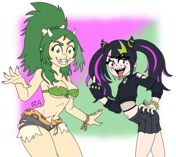 2024 2girls absurdres ambaustinart artist_initials belly black_hair bone bracelet chain choker coqui_saporana fingerless_gloves fishnets flat_chest gloves green_eyes hand_on_own_hip highres indie_virtual_youtuber jewelry loli meat_(vtuber) multiple_girls piercing red_eyes rope tongue_piercing twintails