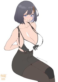 1girl absurdres artist_name bare_shoulders black_bra black_hair black_pantyhose black_skirt blue_eyes blush bob_cut bow bow_bra bra breasts cleavage collarbone commentary double-parted_bangs embarrassed english_commentary formal_clothes hair_ornament high-waist_skirt highres huge_breasts lace lace_bra looking_at_viewer miniskirt mole mole_under_eye nijisanji nijisanji_id norman_maggot pantyhose removing_bra short_hair simple_background siska_leontyne sitting skindentation skirt skirt_suit smile solo spaghetti_strap suit suspenders sweatdrop two-tone_bra underwear undressing virtual_youtuber white_background white_bra x_hair_ornament