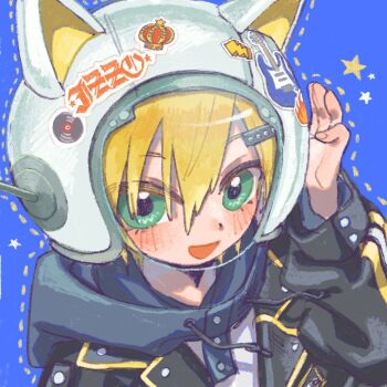 1boy :d animal_ear_helmet animal_ears animal_helmet black_jacket blonde_hair blue_background blue_hood blush cat_ears drawstring fake_animal_ears flame_print from_above green_eyes hair_ornament hair_over_one_eye hairclip hand_on_headwear helmet hood hood_down hoodie jacket lapels lightning_bolt_print long_sleeves looking_at_viewer male_focus nijisanji notched_lapels open_clothes open_jacket open_mouth portrait short_hair smile solo space_helmet star_(symbol) sticker tanikogaitaniko uzuki_kou uzuki_kou_(5th_costume) virtual_youtuber white_helmet white_hoodie wolf_cut yellow_trim