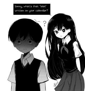 1boy 1girl ? artist_name blush bright_pupils brother_and_sister closed_mouth collared_shirt double-parted_bangs english_text greyscale hair_between_eyes highres jayfonzil long_hair looking_at_another mari_(faraway)_(omori) mari_(omori) monochrome nervous_sweating omori open_mouth pleated_skirt shirt short_hair short_sleeves siblings simple_background skirt speech_bubble sunny_(omori) sweat sweater_vest