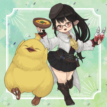 1girl ascot beret bird black_corset black_gloves black_hair black_hat black_skirt bowl brown_eyes commentary commission corset cropped_jacket earrings english_commentary eyebrows_hidden_by_hair fat_chocobo final_fantasy final_fantasy_xiv fingerless_gloves flat_chest food full_body glasses gloves hat highres holding holding_bowl holding_potion jacket jewelry lalafell long_hair looking_at_viewer open_mouth pointy_ears ponytail puluie ring skirt solo soup teeth upper_teeth_only vial walking warrior_of_light_(ff14) white_jacket yellow_ascot