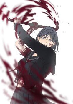 1girl absurdres black_hair black_sailor_collar black_serafuku black_shirt black_skirt bleeding blood blood_on_arm blood_on_clothes blood_on_face blood_on_hands bloody_weapon chinese_commentary clenched_teeth commentary_request cuts grey_eyes highres holding holding_lead_pipe holding_weapon injury lead_pipe liz58315 looking_at_viewer neckerchief pleated_skirt red_neckerchief sailor_collar school_uniform serafuku shimizu_hinako shirt short_hair silent_hill_(series) silent_hill_f simple_background skirt solo teeth torn_clothes torn_shirt torn_sleeve v-shaped_eyebrows weapon white_background