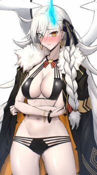 1girl absurdres bikini black_bikini black_coat blush bracelet braid breasts cleavage coat coat_on_shoulders commentary_request fate/grand_order fate_(series) grey_hair highres jewelry large_breasts long_hair looking_at_viewer navel olga_marie_animusphere olga_marie_animusphere_(unbeast) shiroshisu solo swimsuit thighs very_long_hair yellow_eyes