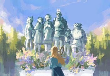 1girl 3boys 3girls bird blue_sky brother_and_sister cat_girl chilchuck_tims dove dungeon_meshi dwarf elf falin_touden flower halfling highres izutsumi laios_touden marcille_donato multiple_boys multiple_girls painting_(medium) pointy_ears senshi_(dungeon_meshi) siblings sky statue thyu_(yu_th26) traditional_media tree