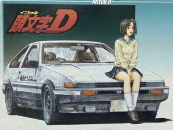 1girl ae86 bikini blunt_bangs bob_cut breasts brown_eyes brown_hair car fujiwara_takumi&#039;s_toyota_trueno_ae86 highschool highschool_uniform initial_d long_sleeves mogi_natsuki motor_vehicle official_art race_vehicle racecar school_uniform shigeno_shuuichi short_hair sitting sitting_on_car skirt socks sweater swimsuit thighs third-party_edit toyota toyota_sprinter_trueno