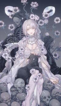 1girl animal bone breasts cat commentary_request dress flower grey_eyes hair_flower hair_ornament halo highres holding longmianbushilongxumian looking_at_viewer original short_hair sitting skeleton skull white_flower white_hair