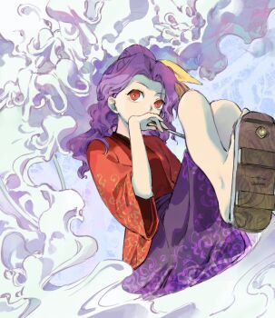 1girl bleeding_heart_(flower) bow commentary covering_own_mouth crossed_legs curly_hair flower geta highres holding holding_smoking_pipe japanese_clothes kaigen_1025 kimono kiseru komakusa_sannyo medium_hair name_connection object_namesake purple_eyes purple_skirt red_eyes red_kimono red_robe robe sandals skirt smoke smoking smoking_pipe smoking_pipe_in_mouth solo touhou white_flower yellow_bow