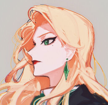 1girl blonde_hair cassandra_vole closed_mouth earrings green_eyes grey_background harry_potter:_magic_awakened harry_potter_(series) hogwarts_school_uniform huangjin_shizi jewelry lips long_hair mole mole_under_eye profile red_lips school_uniform simple_background slytherin solo wizarding_world