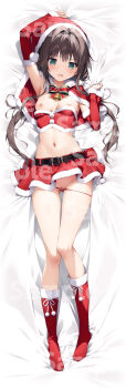 1girl absurdres bed_sheet bell breasts brown_hair commentary_request dakimakura_(medium) detached_sleeves dress full_body gluteal_fold green_eyes hat highres karory long_hair looking_at_viewer lying navel neck_bell nipples on_back on_bed open_mouth original panties panty_pull red_dress red_panties sample_watermark santa_costume santa_hat sheet_grab sidelocks small_breasts solo underwear watermark