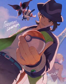 Rule 34 | 1boy, 1girl, belt, black hair, black hat, black pants, blonde hair, blue belt, blue sky, brown jacket, commentary, english commentary, floette, floette (eternal), flower, gen 6 pokemon, gradient hair, green jacket, grey eyes, hat, heart, highres, holding, holding flower, holding poke ball, jacket, long sleeves, looking at viewer, male focus, mega ring, multicolored hair, nintendo, nyantcha, one eye closed, open clothes, open jacket, open mouth, outdoors, pants, paxton (pokemon), pink hair, poke ball, poke ball (basic), pokemon, pokemon (creature), pokemon legends: z-a, prism tower, shirt, short hair, shorts, sky, smile, striped hat, taunie (pokemon), white shirt, white shorts