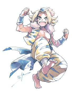 Rule 34 | 1boy, animal print, artist name, baggy pants, bandaged leg, bandages, barefoot, blonde hair, blue hat, brown eyes, clenched hands, fur-trimmed bracer, fur-trimmed vest, fur trim, hat, kevin (seiken densetsu 3), male focus, medium hair, michibata 65, midair, mini hat, open clothes, open mouth, open vest, pants, parted bangs, pectorals, print pants, print vest, seiken densetsu, seiken densetsu 3, solo, thick eyebrows, tiger print, vest, white background